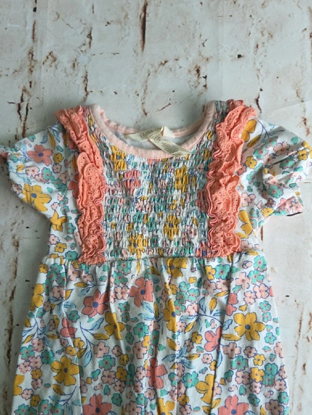 Matilda Jane Floral Smocked Romper in Coral, Yellow & Mint